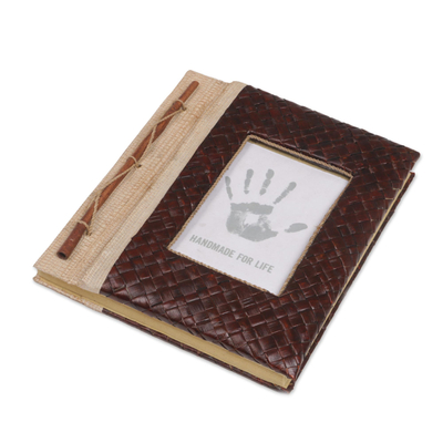Natural fiber journal, 'Woven Memories in Brown' - Hand-Woven Pandan Leaf Journal with Photo Cover in Brown
