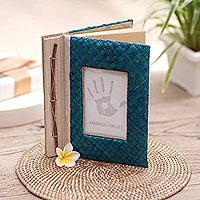 Natural fiber journal, 'Woven Memories in Blue' - Hand-Woven Pandan Leaf Journal with Photo Cover in Blue