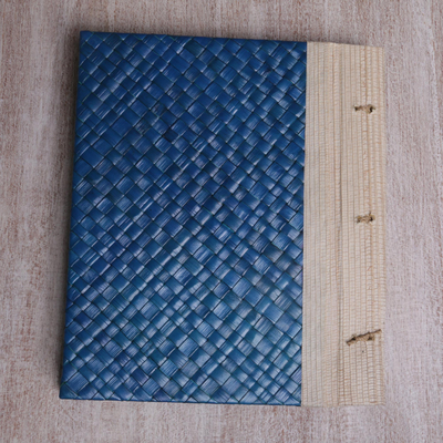 diario de fibras naturales - Diario de hojas de pandan tejido a mano con portada de fotos en azul