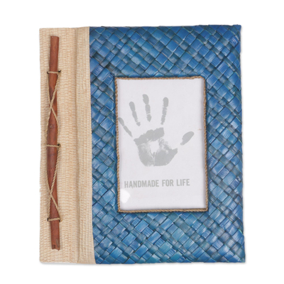 Natural fiber journal, 'Woven Memories in Blue' - Hand-Woven Pandan Leaf Journal with Photo Cover in Blue