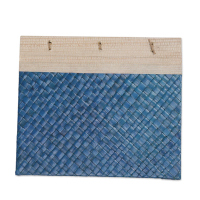 Natural fiber journal, 'Woven Memories in Blue' - Hand-Woven Pandan Leaf Journal with Photo Cover in Blue