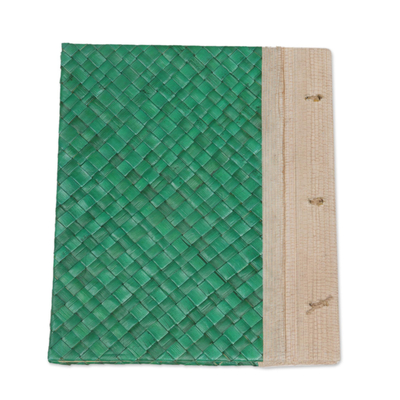 Natural fiber journal, 'Happy Weaver in Green' - Artisan Hand-woven Pandan Leaf Journal in Green from Bali
