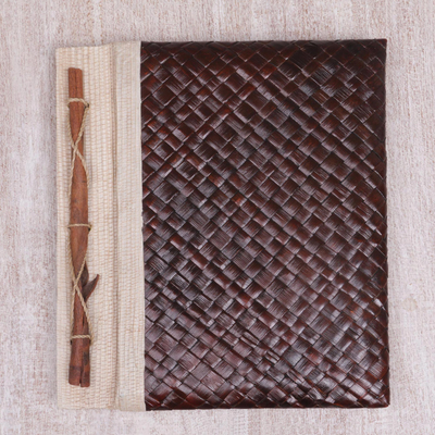 Natural fiber journal, 'Happy Weaver in Brown' - Artisan Hand-woven Pandan Leaf Journal in Brown from Bali