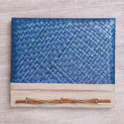 Natural fiber journal, 'Happy Weaver in Blue' - Artisan Hand-woven Pandan Leaf Journal in Blue from Bali