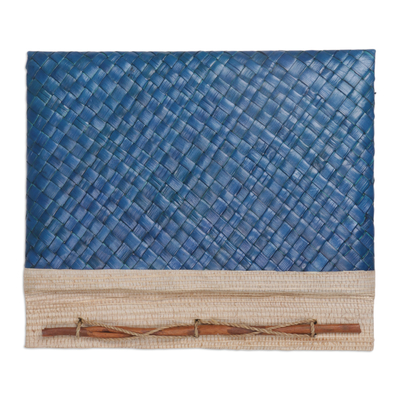 Natural fiber journal, 'Happy Weaver in Blue' - Artisan Hand-woven Pandan Leaf Journal in Blue from Bali