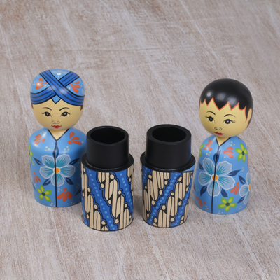 Mahogany toothpick holders, 'Floral Newlyweds' (pair) - Two Cultural Mahogany Toothpick Holders in Blue from Bali