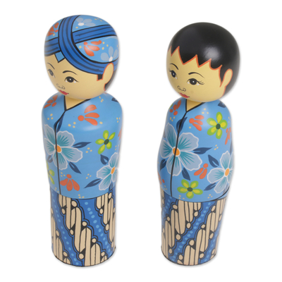 Mahogany toothpick holders, 'Floral Newlyweds' (pair) - Two Cultural Mahogany Toothpick Holders in Blue from Bali