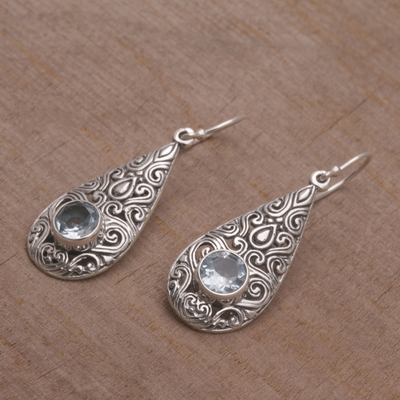 Blue topaz dangle earrings, 'Temple Teardrops' - Blue Topaz and Sterling Silver Dangle Earrings from Bali