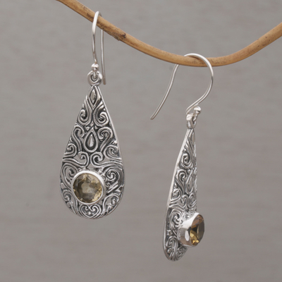 Citrine dangle earrings, 'Temple Teardrops' - Citrine and Sterling Silver Dangle Earrings from Bali