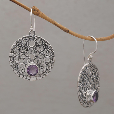 Amethyst dangle earrings, 'Circle of Fate' - Amethyst and Sterling Silver Dangle Earrings from Bali