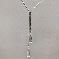 Lariat-Halskette aus Sterlingsilber, „Droplet Duo“ – Verstellbare Lariat-Halskette aus Sterlingsilber aus Bali