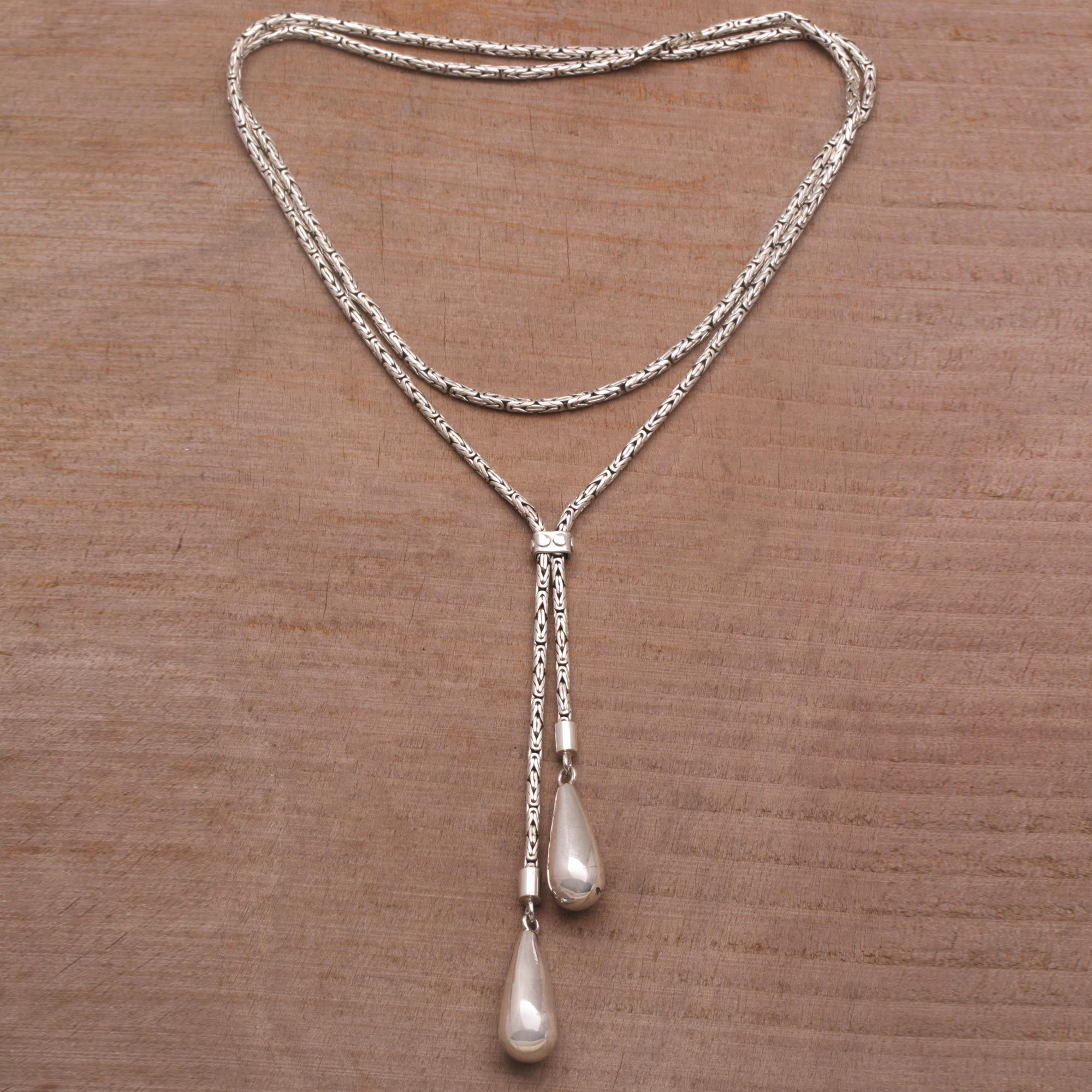 Sterling Silver Adjustable Lariat Necklace From Bali Droplet Duo Novica