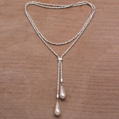 Sterling silver lariat necklace, 'Droplet Duo' - Sterling Silver Adjustable Lariat Necklace from Bali