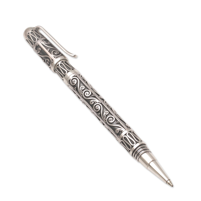Hand Made Sterling Silver Ballpoint Pen from Indonesia, 'Twirling Coral