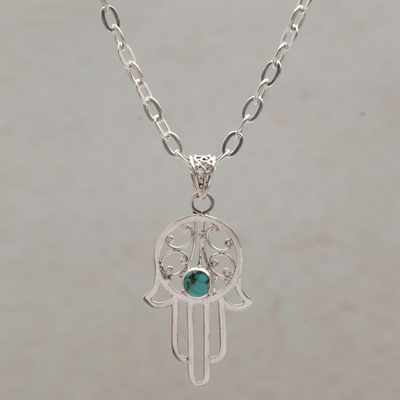 Sterling silver pendant necklace, 'Hamsa Palm' - Sterling Silver Hamsa Hand Pendant Necklace from Bali