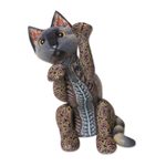 Polymer clay sculpture, 'Begging Cat' - Handcrafted Colorful Polymer Clay Cat Sculpture from Bali