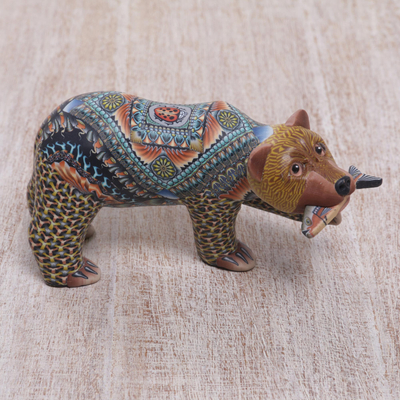 Polymer clay sculpture, 'Successful Grizzly' (4 inch) - Colorful Polymer Clay Bear Sculpture (4 Inch) from Bali