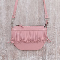 Leather sling bag, 'Pink Dancer' - Fringed Petal Pink Leather Sling Handbag