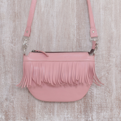 Leather sling bag, 'Pink Dancer' - Fringed Petal Pink Leather Sling Handbag
