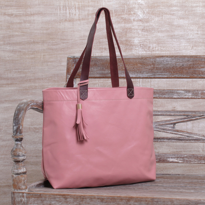 Leather tote bag, 'Balinese Abundance' - Large Indonesian Hand Crafted Pink Leather Tote Bag