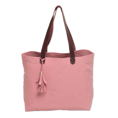 Leather tote bag, 'Balinese Abundance' - Large Indonesian Hand Crafted Pink Leather Tote Bag