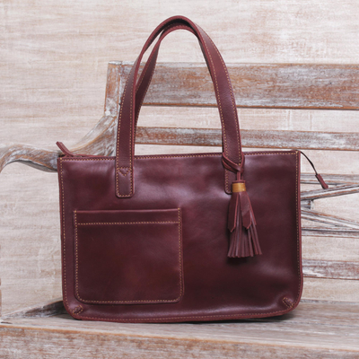 Handmade Dark Brown Leather Tote Shoulder Bag, 'City Lines'