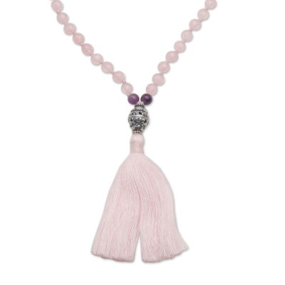 Rose quartz and amethyst pendant necklace, 'Meditative Evening' - Rose Quartz and Amethyst Pendant Necklace from Bali