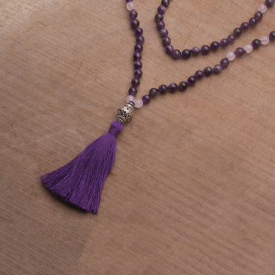 Amethyst and rose quartz pendant necklace, 'Meditative Evening' - Amethyst and Rose Quartz Pendant Necklace from Bali