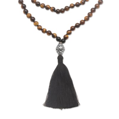 Tiger's eye and onyx pendant necklace, 'Meditative Evening' - Tiger's Eye and Onyx Pendant Necklace from Bali