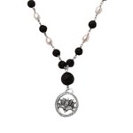 Cultured pearl and lava stone pendant necklace, 'Lotus Power' - Cultured Pearl and Lava Stone Pendant Necklace from Bali
