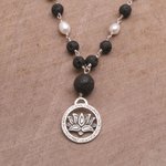 Cultured pearl and lava stone pendant necklace, 'Lotus Power' - Cultured Pearl and Lava Stone Pendant Necklace from Bali