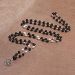 Cultured pearl and lava stone pendant necklace, 'Lotus Power' - Cultured Pearl and Lava Stone Pendant Necklace from Bali