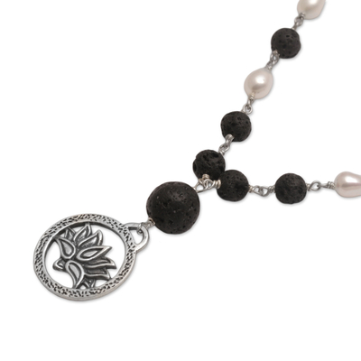 Cultured pearl and lava stone pendant necklace, 'Lotus Power' - Cultured Pearl and Lava Stone Pendant Necklace from Bali