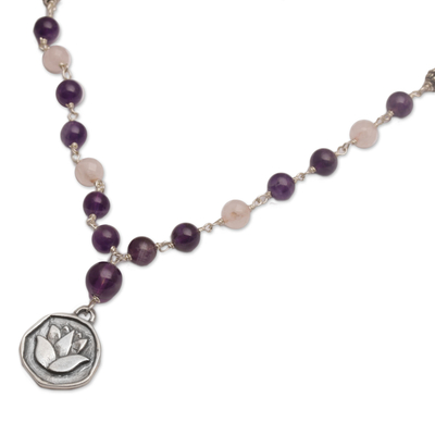 Amethyst and rose quartz long beaded pendant necklace, 'Lotus Power' - Amethyst and Rose Quartz Pendant Necklace from Bali