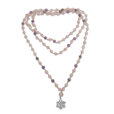 Rose quartz and amethyst long beaded pendant necklace, 'Unity in Meditation' - Floral Rose Quartz and Amethyst Pendant Necklace from Bali
