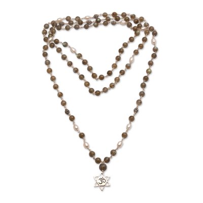Labradorite and cultured pearl long beaded pendant necklace, 'Om in Bloom' - Labradorite and Cultured Pearl Om Necklace from Bali