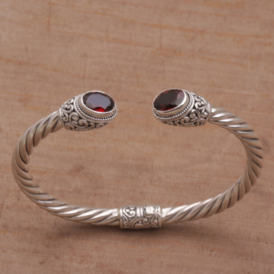 Garnet cuff bracelet, 'Fiery Royalty' - Sterling Silver and Faceted Garnet Hinged Cuff Bracelet