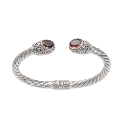 Garnet cuff bracelet, 'Fiery Royalty' - Sterling Silver and Faceted Garnet Hinged Cuff Bracelet