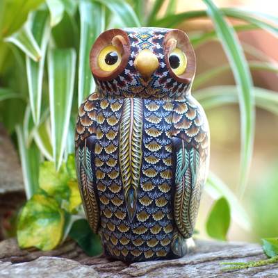 Polymer clay sculpture, 'Decorative Owl' (3.5 inch) - Colorful Polymer Clay Owl Sculpture (3.5 Inch) from Bali