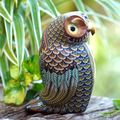 Polymer clay sculpture, 'Decorative Owl' (3.5 inch) - Colorful Polymer Clay Owl Sculpture (3.5 Inch) from Bali