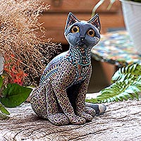 Polymer clay sculpture, 'Decorative Cat' - Handcrafted Polymer Clay Sculpture of a Cat from Bali