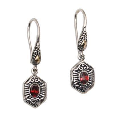 Gold accent garnet dangle earrings, 'Beacon Fire' - Handcrafted Bali Gold Accent Silver and Garnet Earrings