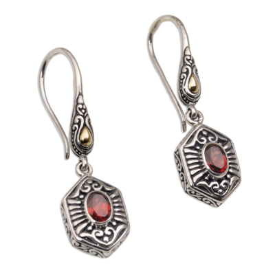 Gold accent garnet dangle earrings, 'Beacon Fire' - Handcrafted Bali Gold Accent Silver and Garnet Earrings