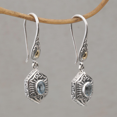 Gold accent blue topaz dangle earrings, 'Beacon Fire' - Balinese Silver and Blue Topaz Earrings with Gold Accents