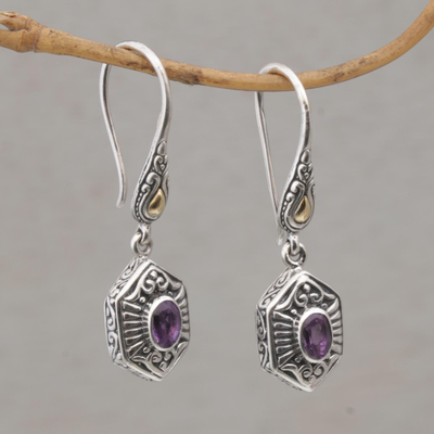 Gold accent amethyst dangle earrings, 'Beacon Fire' - Balinese Amethyst and 925 Silver Earrings with Gold Accents