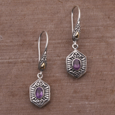 Gold accent amethyst dangle earrings, 'Beacon Fire' - Balinese Amethyst and 925 Silver Earrings with Gold Accents