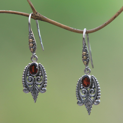 Gold accent garnet dangle earrings, 'Dewdrop Caress' - Balinese Sterling Silver and Garnet Gold Accent Earrings
