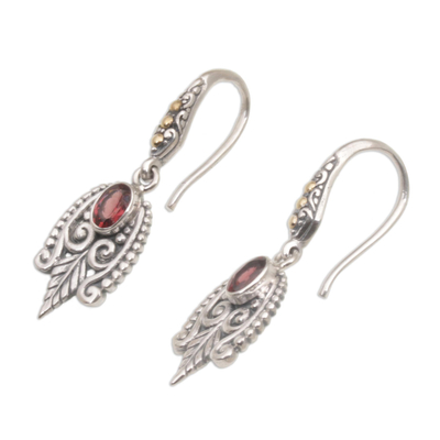 Gold accent garnet dangle earrings, 'Dewdrop Caress' - Balinese Sterling Silver and Garnet Gold Accent Earrings