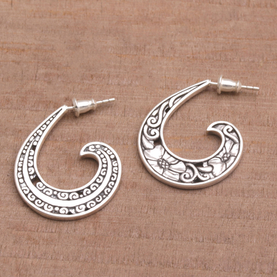 Sterling silver half-hoop earrings, 'Eden Curls' (1 inch) - Sterling Silver Floral Half-Hoop Earrings (1 Inch) from Bali