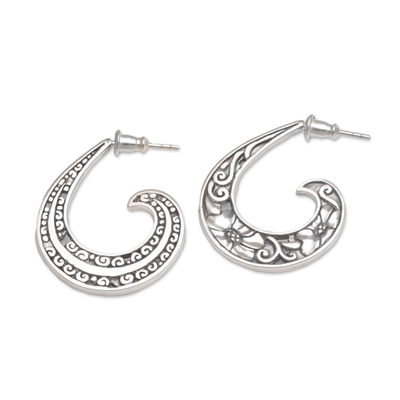 Sterling silver half-hoop earrings, 'Eden Curls' (1 inch) - Sterling Silver Floral Half-Hoop Earrings (1 Inch) from Bali